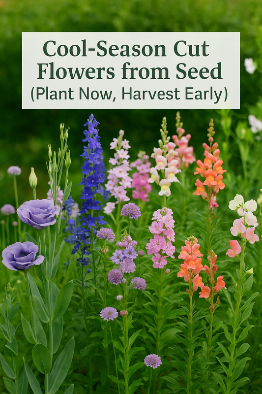 Lisianthus, Larkspur, Stock, Snapdragons, Scabiosa, and Sweet Peas blooming outdoors in spring — cool-season cut flowers grown from seed
