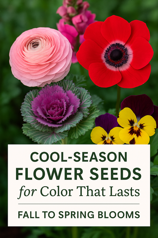Bright cool-season flowers — including Anemones, Ranunculus, Pansies, Violas, Snapdragons, and Flowering Kale — blooming beautifully from fall through spring.