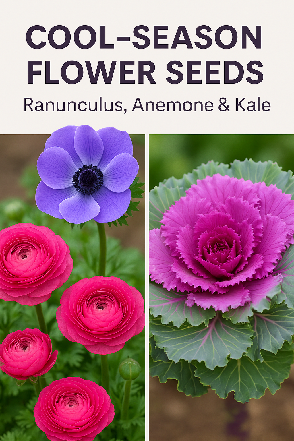 Beautiful cool-season flowers including Ranunculus, Anemone, and Flowering Kale — vibrant blooms perfect for fall and early spring gardens.