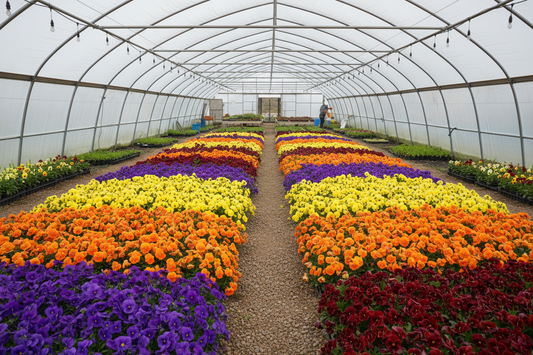Rows of colorful pansies blooming in a high tunnel flower farm in early spring, ready for market sales