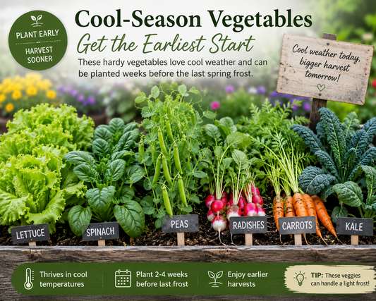 Cool-season vegetables including lettuce, spinach, peas, radishes, carrots, and kale growing in an early spring raised garden bed.