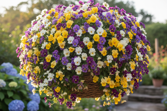 Hanging basket overflowing with Cool Wave trailing pansy seeds in purple, yellow, and white cascading blooms