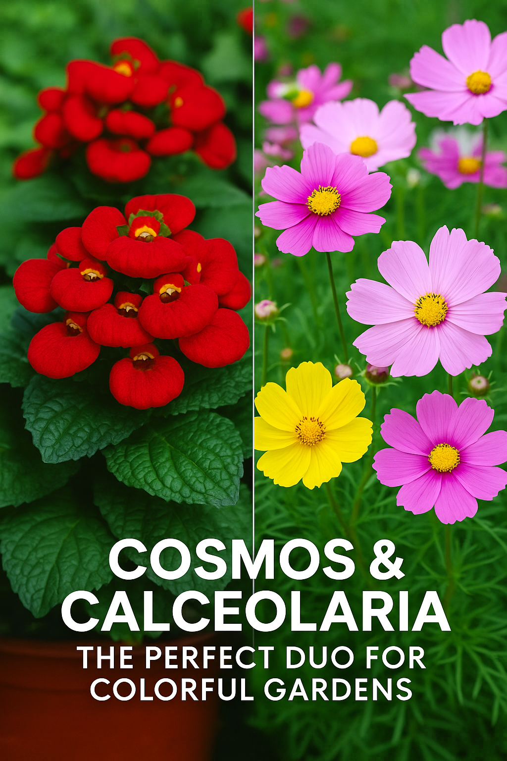 Cosmos and Calceolaria flowers in full bloom — a vibrant garden mix of pink cosmos and yellow purse plant blossoms, perfect for colorful summer displays