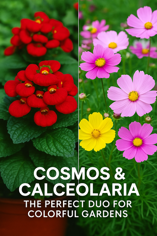 Cosmos and Calceolaria flowers in full bloom — a vibrant garden mix of pink cosmos and yellow purse plant blossoms, perfect for colorful summer displays