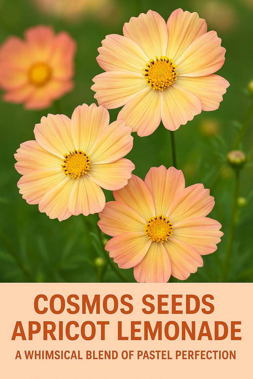 Close-up of Cosmos Apricot Lemonade flowers in soft apricot and lemon tones with the text “Cosmos Seeds Apricot Lemonade | A Whimsical Blend of Pastel Perfection
