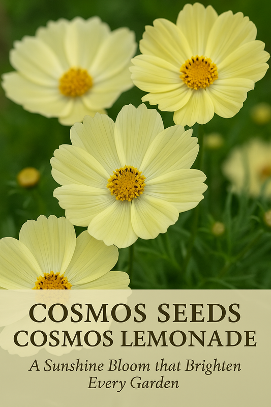 Close-up of Cosmos Lemonade flowers with soft yellow petals and golden centers, featuring text “Cosmos Seeds Cosmos Lemonade | A Sunshine Bloom that Brightens Every Garden