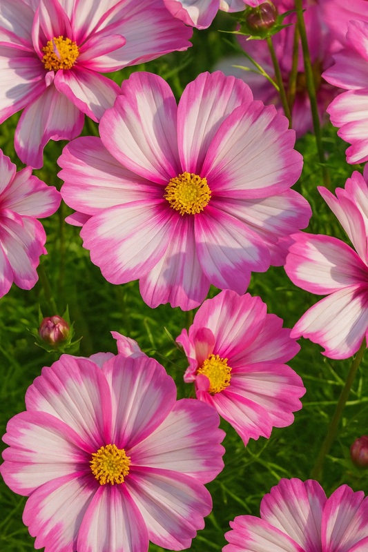 Pink and white cosmos flowers in full bloom — perfect for cut flower gardens and summer bouquets