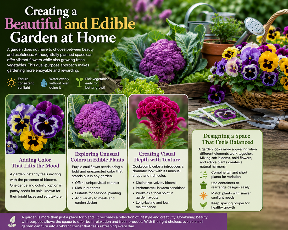 Beautiful edible home garden with colorful flowers, pansies, purple cauliflower, and celosia creating a vibrant mixed garden design