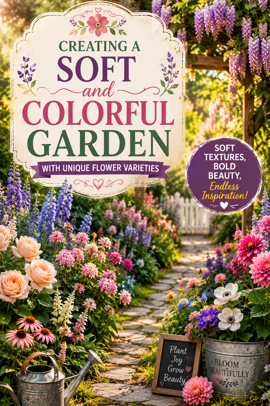 Creating a soft and colorful garden with unique flower varieties featuring roses, wisteria, dahlias, pastel blooms, and a cottage garden pathway in summer