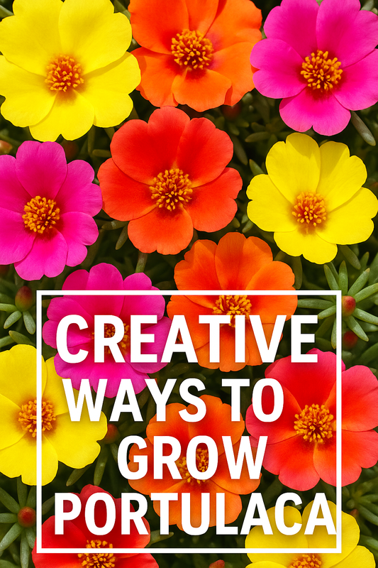 A vibrant summer garden featuring colorful Portulaca Moss Rose flowers in yellow, pink, orange, and white, planted creatively in containers and garden borders for a heat-tolerant, low-maintenance landscape design