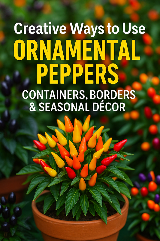 Bright ornamental pepper plants in colorful containers and borders, showcasing red, purple, orange, and yellow peppers — perfect for seasonal décor and garden displays