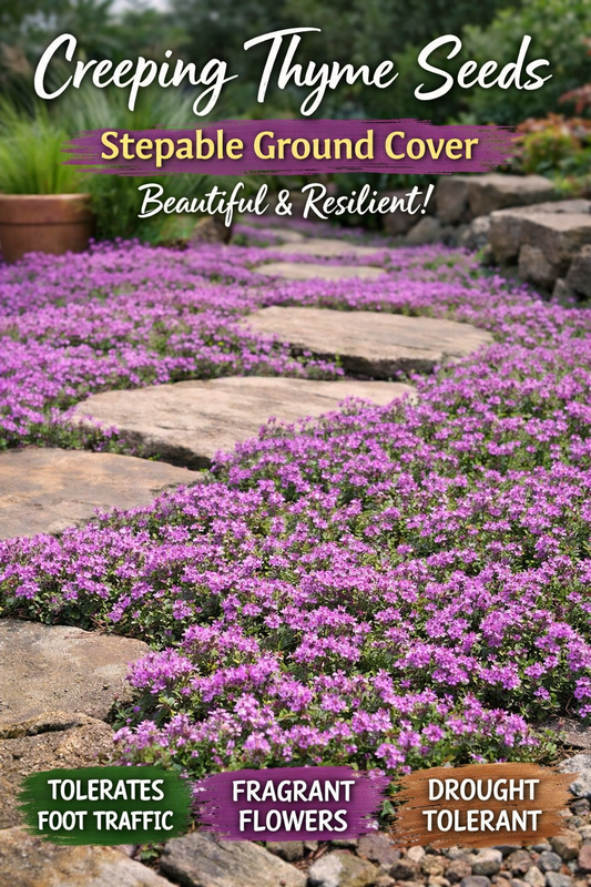Creeping thyme ground cover growing between stepping stones in a garden pathway with purple flowers forming a stepable fragrant lawn alternative.