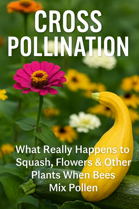 Close-up garden image with text overlay explaining how cross-pollination changes plant shape and color