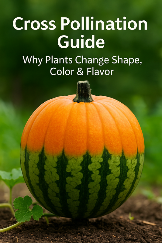 Close-up squash and flowers showing cross-pollination changes with text overlay explaining how bees affect plant shape and color