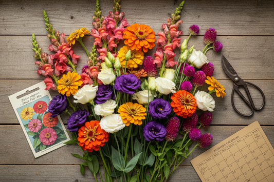 Cut flower planting calendar by USDA zone featuring lisianthus, snapdragons, zinnias, and gomphrena fireworks seeds from Trailing Petunia