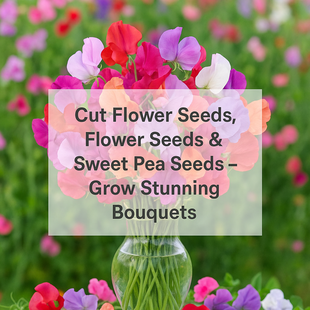 A vibrant bouquet of sweet pea flowers and mixed cut flowers in a vase, showcasing a range of colors—perfect for gardeners searching for cut flower seeds, flower seeds, and sweet pea seeds to grow stunning bouquets.