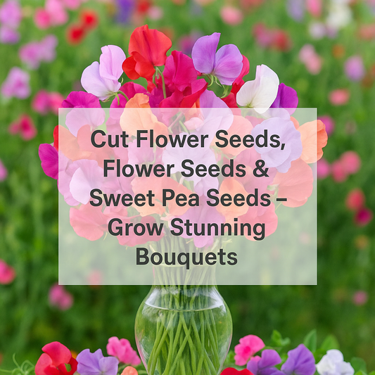 A vibrant bouquet of sweet pea flowers and mixed cut flowers in a vase, showcasing a range of colors—perfect for gardeners searching for cut flower seeds, flower seeds, and sweet pea seeds to grow stunning bouquets.