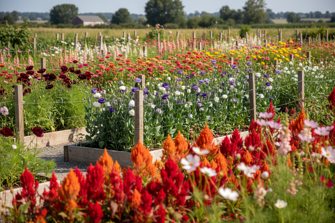 A lush cutting garden in full bloom with celosia, lisianthus, zinnias, snapdragons, cosmos, and poppies growing in summer sunlight