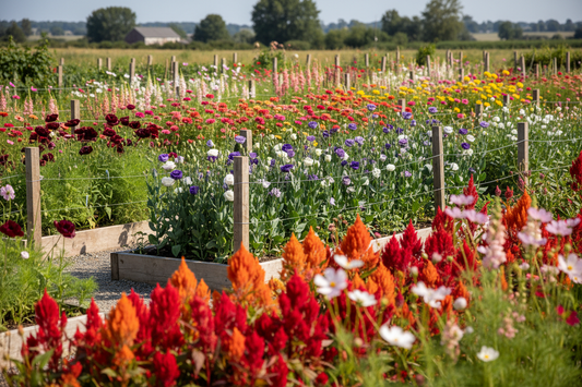 A lush cutting garden in full bloom with celosia, lisianthus, zinnias, snapdragons, cosmos, and poppies growing in summer sunlight