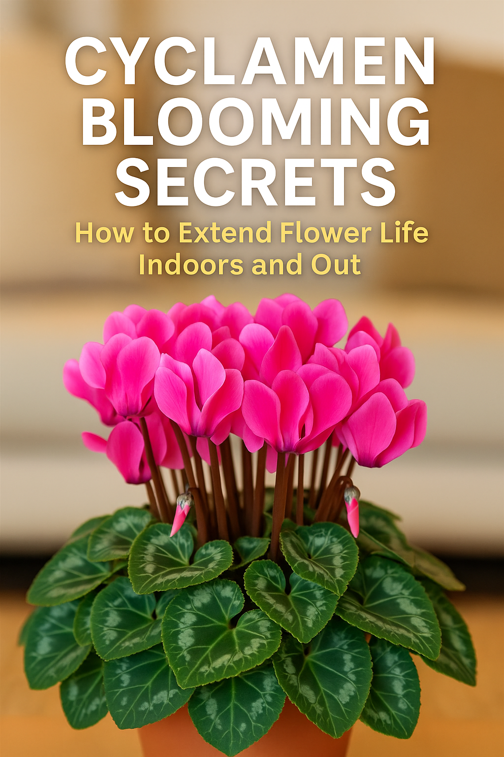 Cyclamen plant in full bloom with vibrant pink and red flowers in decorative pots indoors
