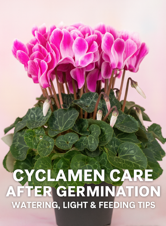 Cyclamen plant with pink and white blooms showing healthy growth after germination