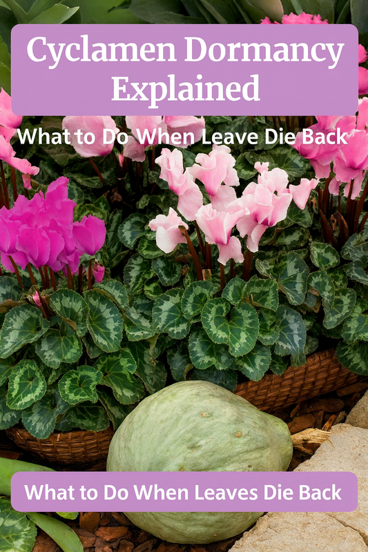 Cyclamen plants with pink blooms and patterned leaves showing healthy growth before entering dormancy