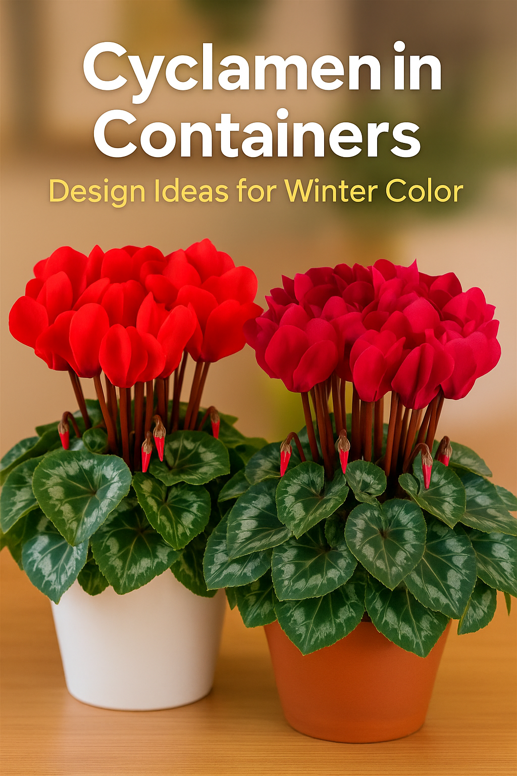 Two potted cyclamen plants in rich red and magenta shades with silver-veined leaves, perfect for bright winter container designs