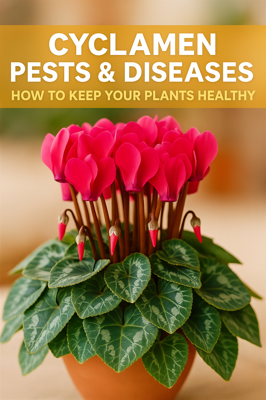 Healthy cyclamen plants with vibrant blooms beside leaves showing pest and disease damage