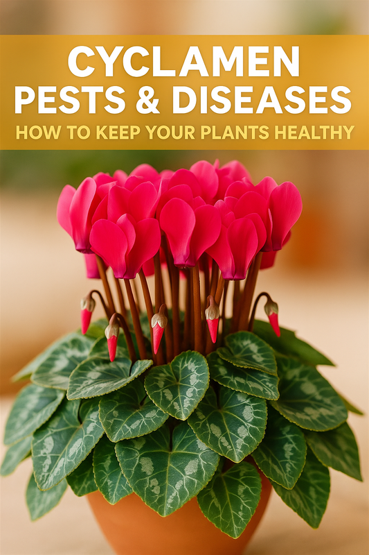 Healthy cyclamen plants with vibrant blooms beside leaves showing pest and disease damage