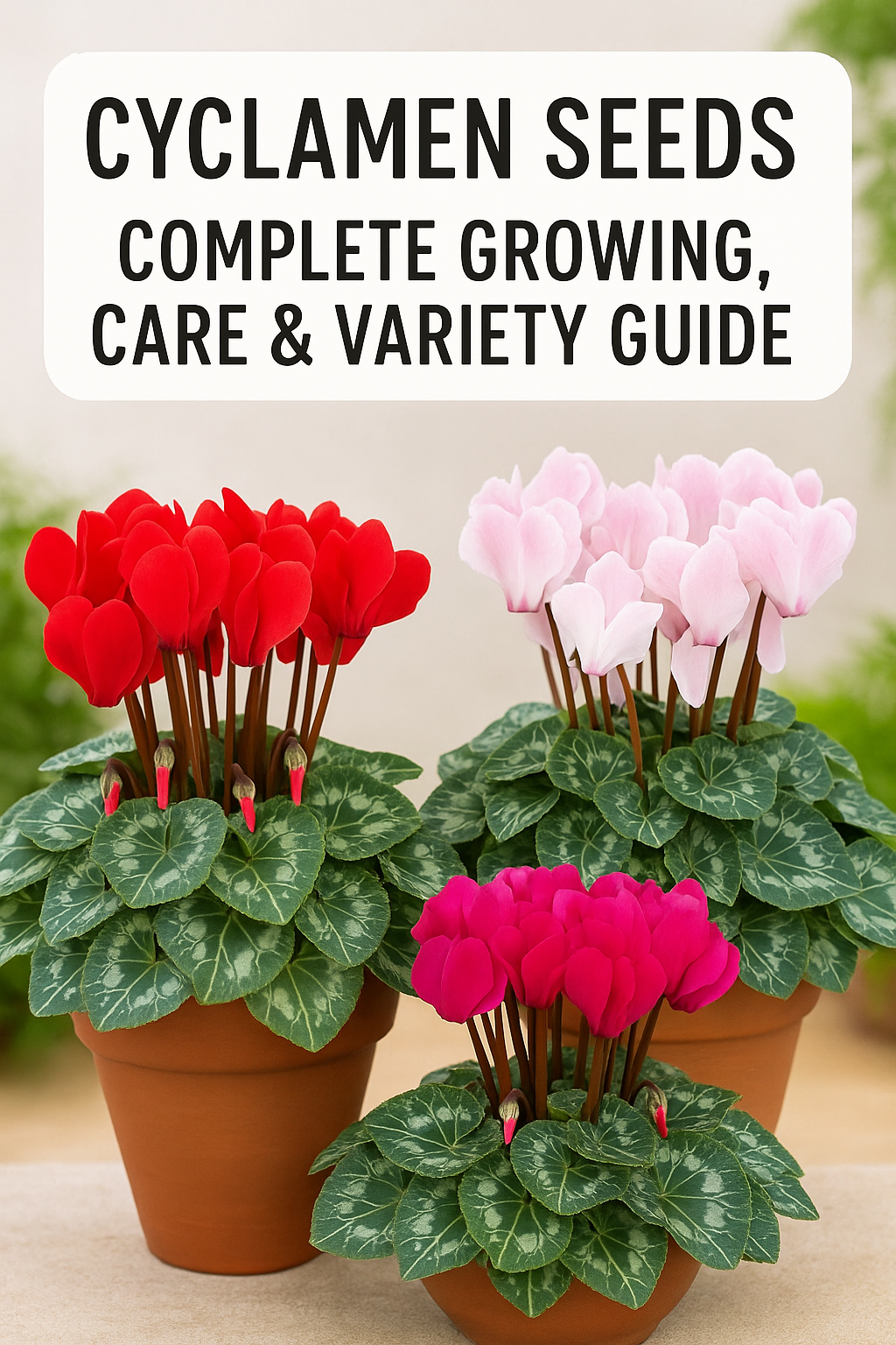 Cyclamen Seeds complete growing, care, and variety guide showing colorful pink, purple, and white cyclamen flowers in full bloom