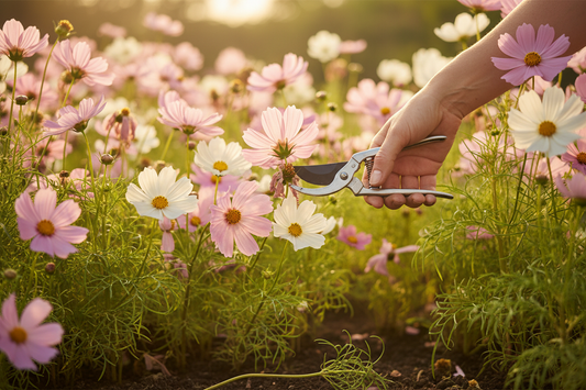 Gardener deadheading cosmos flowers in a summer garden to keep cosmos blooming all season long