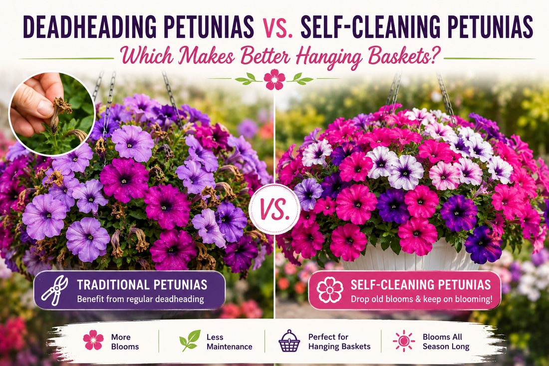 Comparison of traditional petunias that benefit from deadheading and self-cleaning Wave petunias growing in colorful hanging baskets with nonstop summer blooms