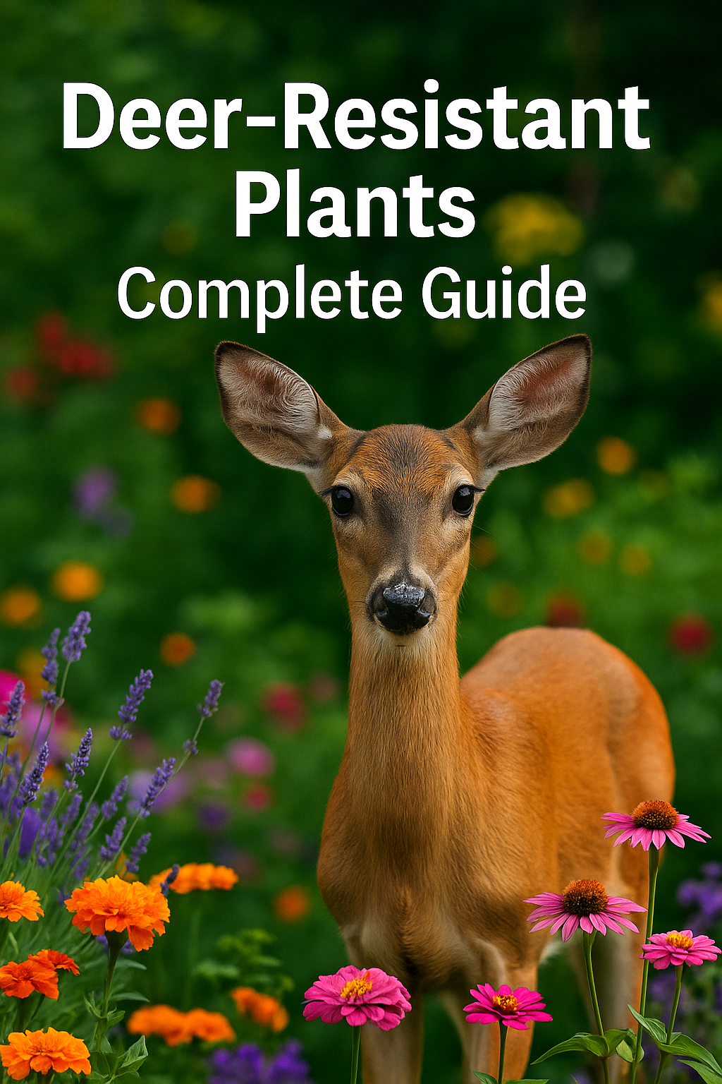 Young deer standing in a colorful garden of deer-resistant flowers including lavender, marigolds, echinacea, and zinnias, with text reading Deer-Resistant Plants Complete Guide