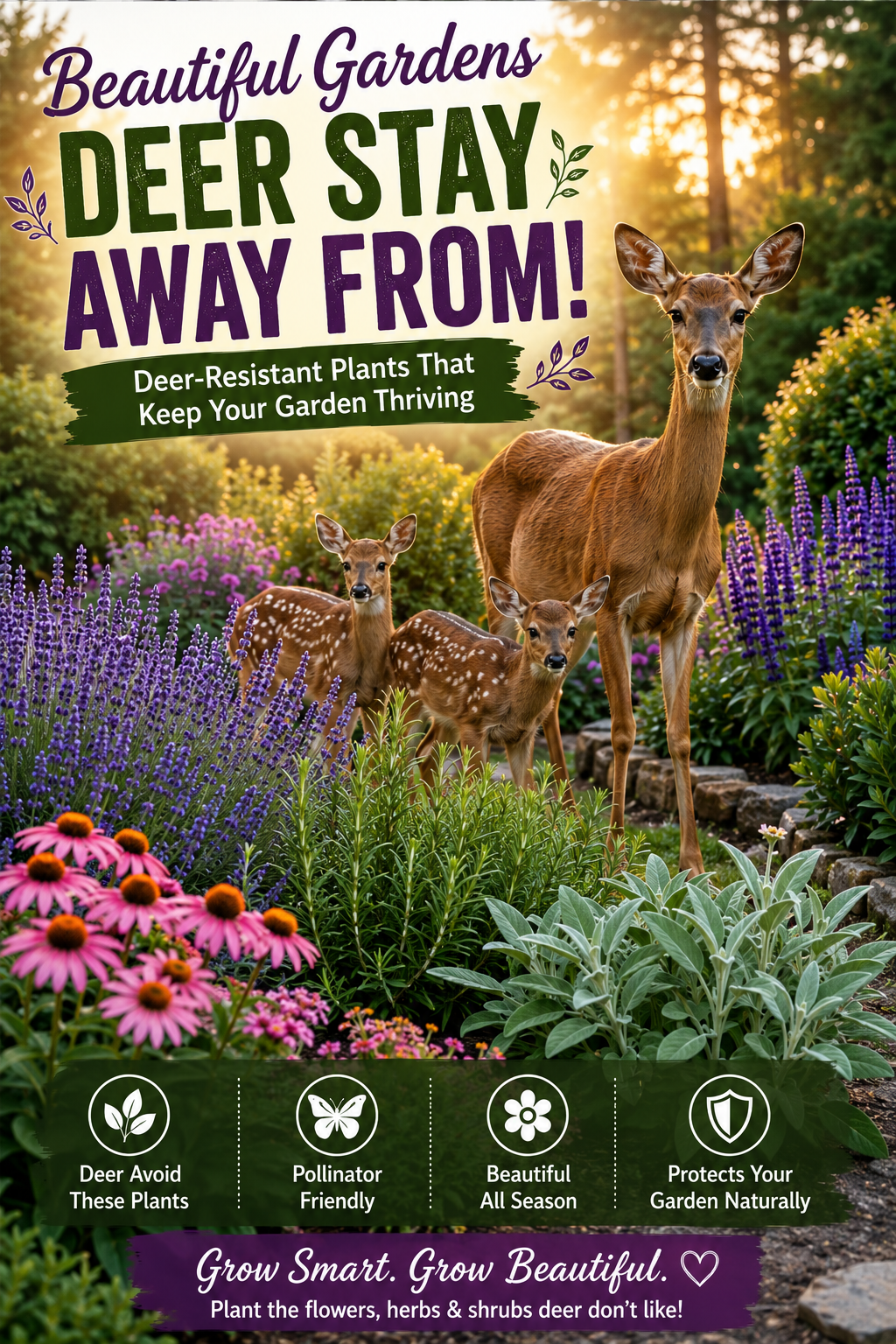 Doe and two fawns standing in a colorful garden filled with lavender, coneflowers, yarrow, and other deer-resistant flowers, herbs, and shrubs.