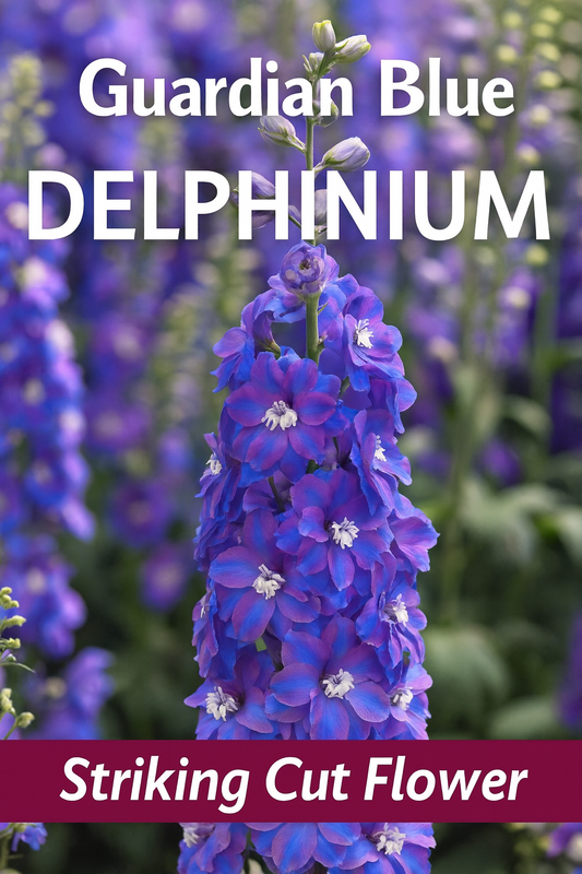 Delphinium Guardian Blue flowers blooming on tall spikes in a summer garden