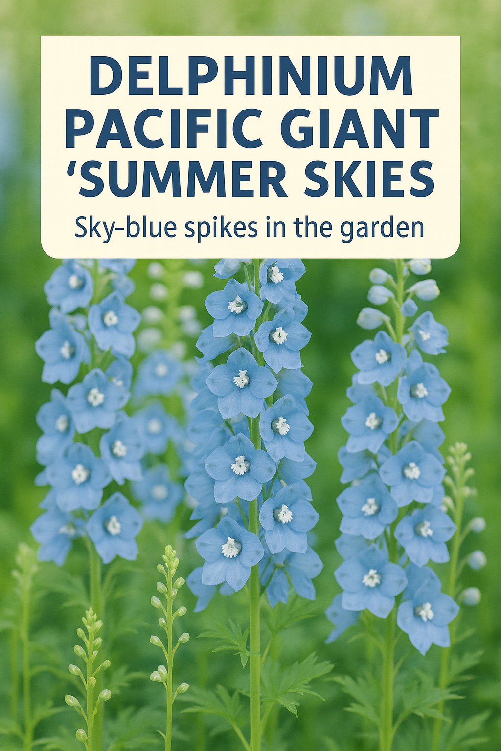 Delphinium Pacific Giant Summer Skies tall blue flower spikes blooming in a summer garden