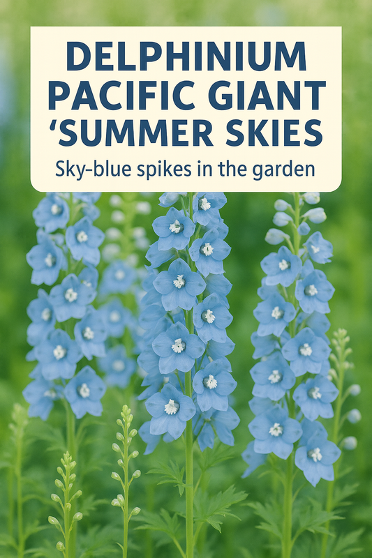 Delphinium Pacific Giant Summer Skies tall blue flower spikes blooming in a summer garden