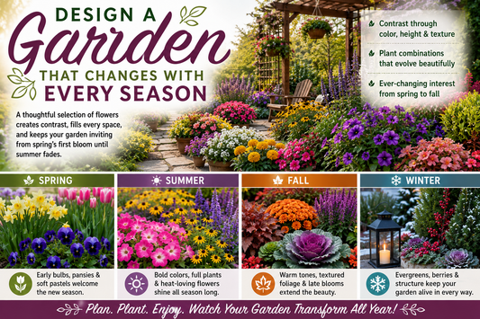 Beautiful four-season garden featuring spring, summer, fall, and winter flowers with layered plantings that provide year-round color, texture, and seasonal interest.