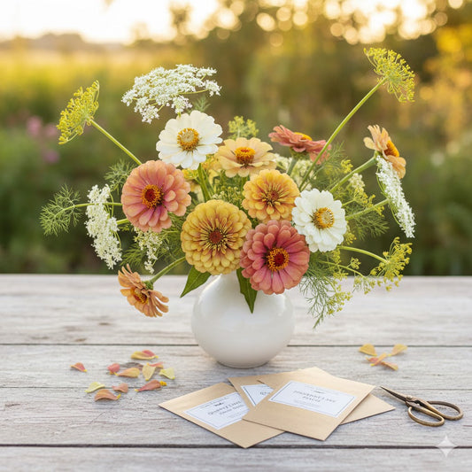 Elegant bouquet featuring unique designer zinnias in muted peach, cream, and yellow, with foliage, on a wooden table with seed packets.