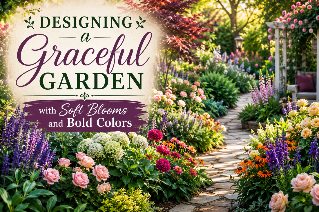 Designing a graceful garden with soft blooms and bold colors featuring roses, lavender, hydrangeas, and colorful flower borders along a garden pathway