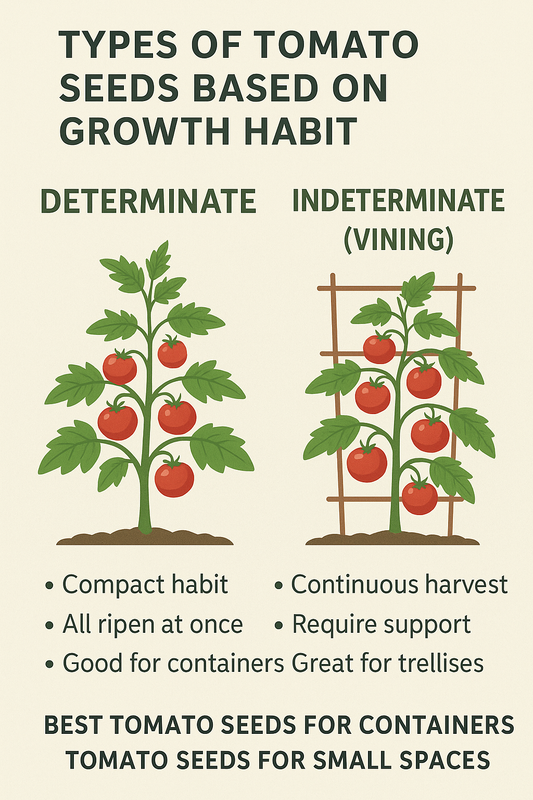 "Infographic comparing determinate vs indeterminate tomato seeds, showing bush tomato plant for containers and vining tomato plant for trellises