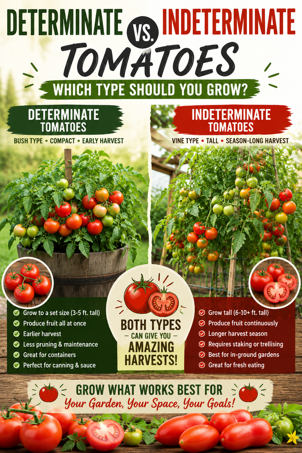 Comparison of determinate and indeterminate tomato plants showing bush tomatoes in containers and tall vining tomatoes growing on supports with heavy fruit production.