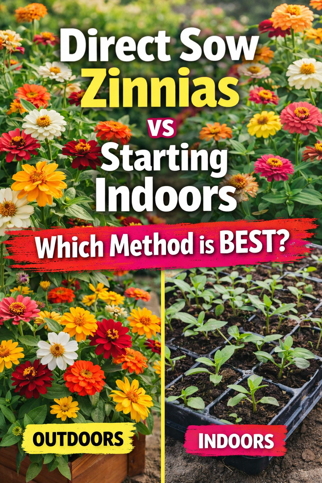 Direct sow zinnias vs starting indoors comparison showing colorful zinnia flowers growing in garden beds, guide to growing zinnias from seed for best results