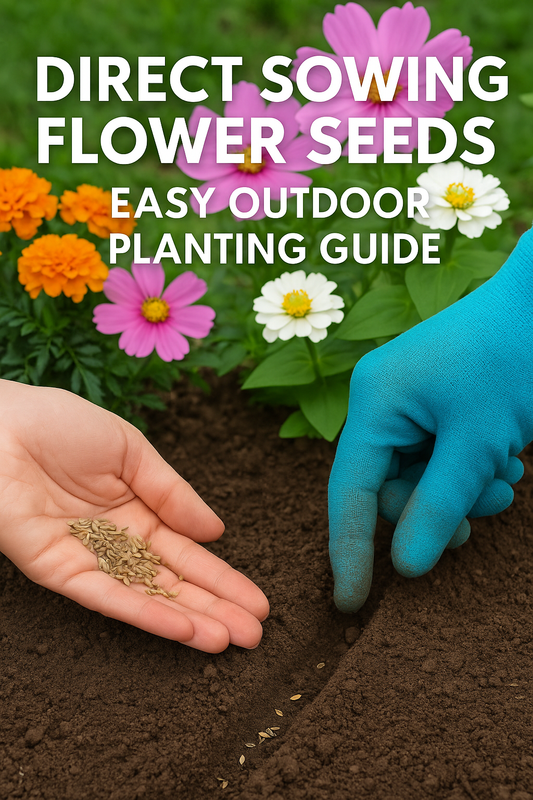 Gardener sowing flower seeds outdoors with colorful blooms behind.