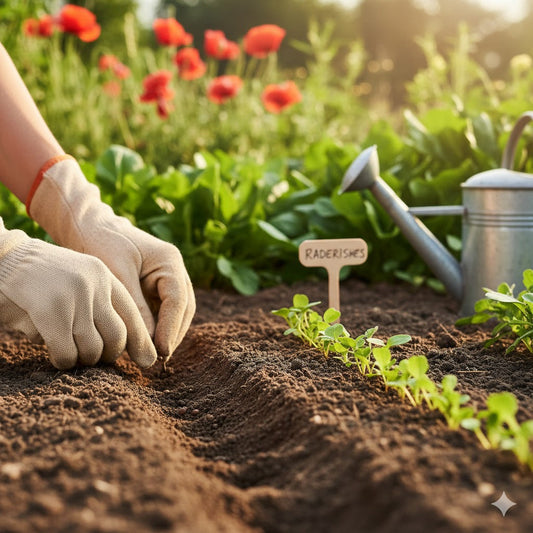 Hands planting seeds directly into rich garden soil near newly sprouted radish seedlings and a watering can.