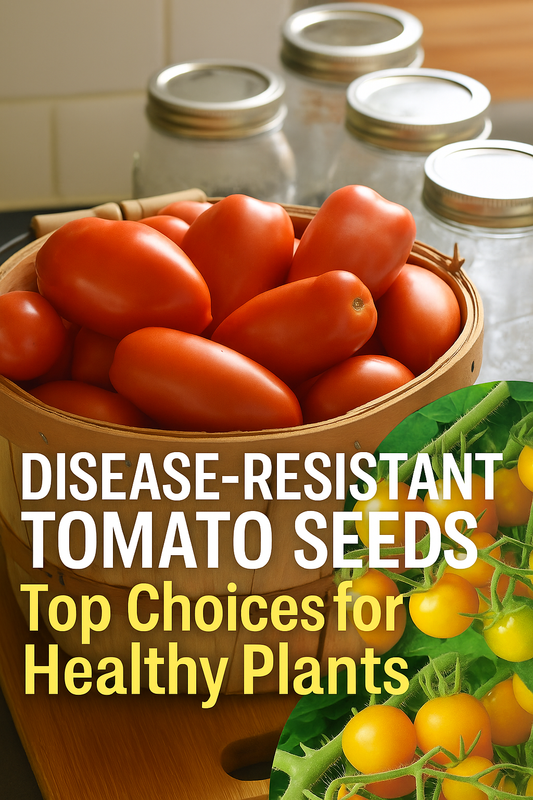 Basket of red Roma tomatoes with yellow cherry tomatoes on the vine, representing disease-resistant tomato seed varieties for healthier plants and abundant harvests