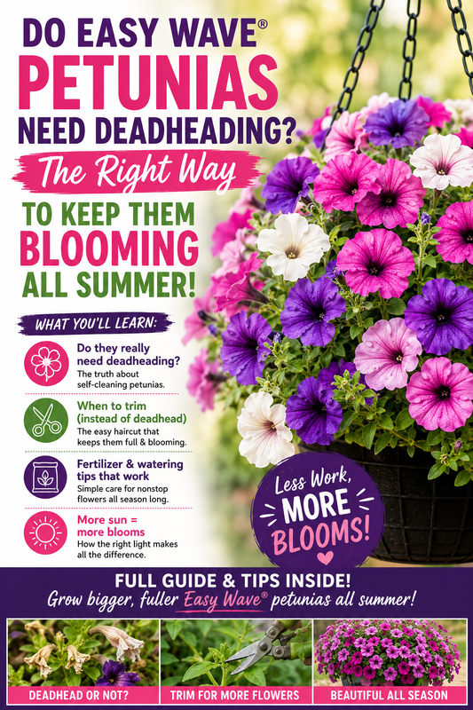 Beautiful Easy Wave® petunias in a hanging basket showing how self-cleaning petunias benefit from occasional trimming, proper care, and fertilizing to keep blooming all summer.