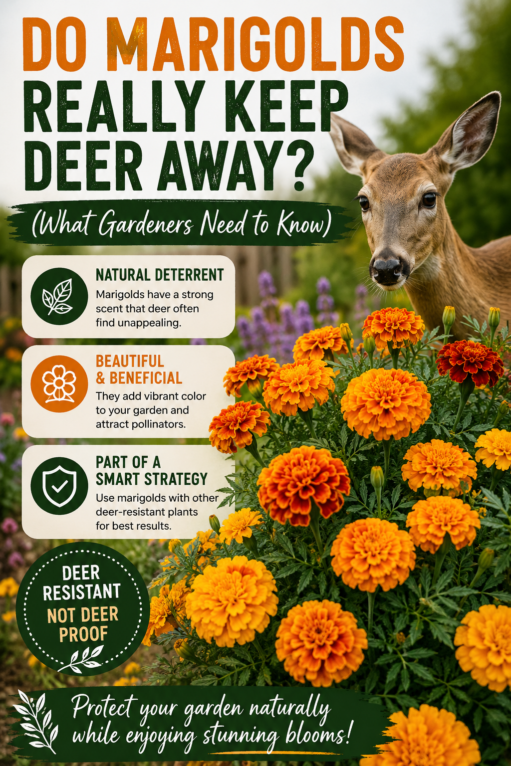 deer standing near bright marigold flowers in a garden showing how marigolds may help deter deer naturally