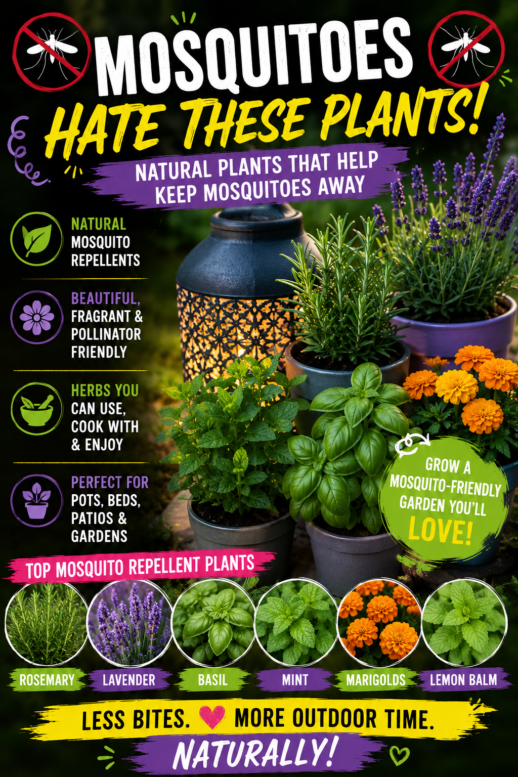 Mosquito repellent plants including rosemary, lavender, basil, mint, lemon balm, and marigolds growing in a backyard garden.