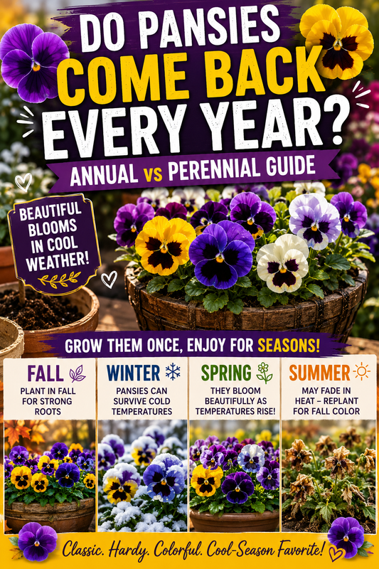 Colorful pansies growing through cool seasons showing whether pansies come back every year and explaining annual vs perennial pansy growth.